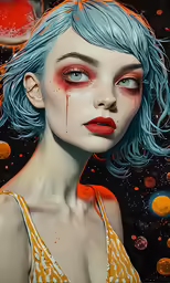 woman with blue hair wearing a tank top under a painting