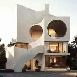 an interesting building with large windows and round doors