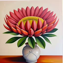 a painting of a vase with a large pink flower,a painting of a large red flower inside a white vase