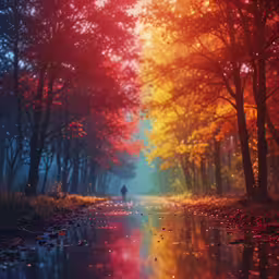 a tree lined road is reflecting the water in the fall