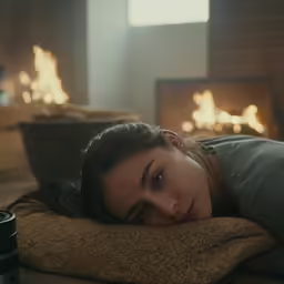 a woman lies on a pillow near a fireplace