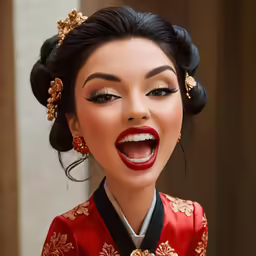 a woman in red and gold has black hair