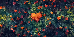 a leaf floating through the air in front of lots of trees