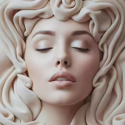 a woman wearing a white blanket covered in fabric