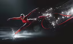 a man in a red leotard performs ballet moves with fire effects behind him