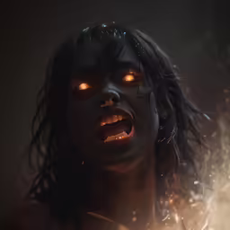 a woman with her eyes lit up and in flames