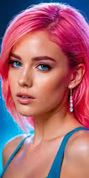 a model with pink hair in a blue dress