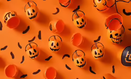 orange cups with faces and jack - o - lanterns all around