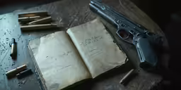 a gun and books sit on a table