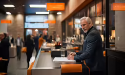 a man in suit signing papers at a counter
