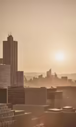 an urban setting, with sun coming up in the sky