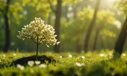 a small tree on top of a green field