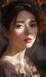 a woman with red lipstick and an orange leaf in her hair
