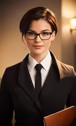 a woman in glasses and black jacket holding a folder