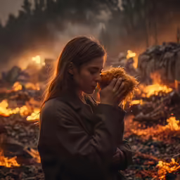 woman in jacket looking into burning log in outdoor area