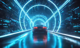 a car going through a tunnel with many blue lights