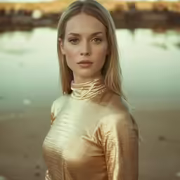 a woman poses on the beach in an unusual gold suit