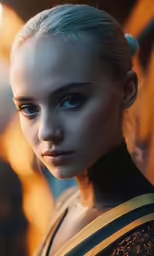 a woman with light blue eyes wearing makeup and with braids