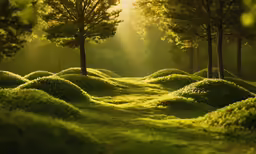 the sun shining through some trees in a grassy area