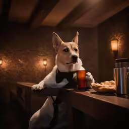 a dog wearing a black bow tie is drinking from a cup