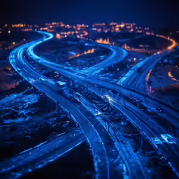 an aerial view of multiple traffic bridges with city lights
