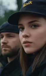 a close up of two people wearing baseball hats