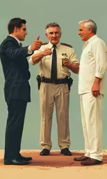 two men dressed in suit clothing giving another man a hand gesture