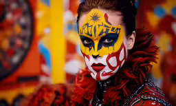 a woman is dressed in the style of an abstract painting
