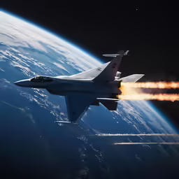 a jet flying over a planet next to a sky