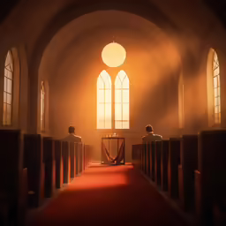 a person kneeling in a church with the sun coming through windows
