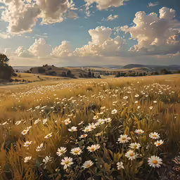 a field with white flowers and green grass