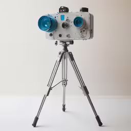 an old film camera is on a tripod