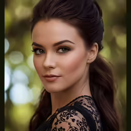 a woman with black lace shirt on
