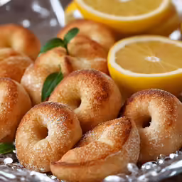 a tray with rolls on a serving tray and lemon slices