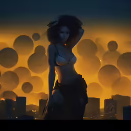 a 3d model wearing a bra with city lights behind her