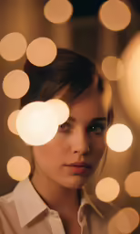 a woman in front of some lights and a white shirt