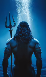 a man standing with a spear under water