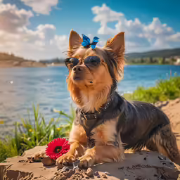 a dog wearing sunglasses looking away sitting by a lake