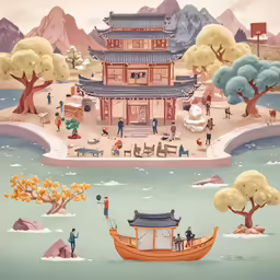 a painting shows a small boat in front of a pagoda