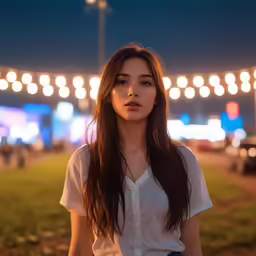 a young woman in a white shirt is standing in the grass