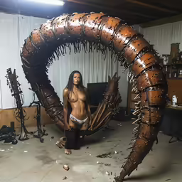 the woman is posed in a huge piece of art