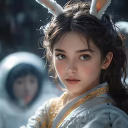 a girl with bunny ears looks at the camera while a guy in the background stands close behind