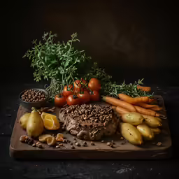 a close up of vegetables with food on a board