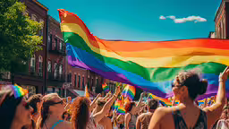 a large group of people at a gay pride parade,people at an event are holding up rainbow flags