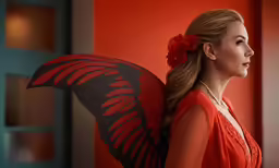 a woman with a winged wing standing near a window