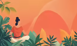 a woman sitting in the middle of the jungle on a sunny day