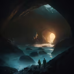 two people are walking out into the cave