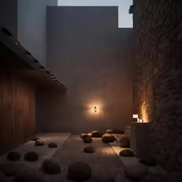 a large room with rocks around the floor and some lights
