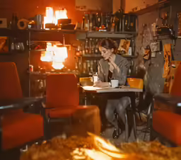 a woman sitting at a table in a restaurant next to red chairs