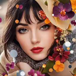 a woman is surrounded by a large number of colorful flowers